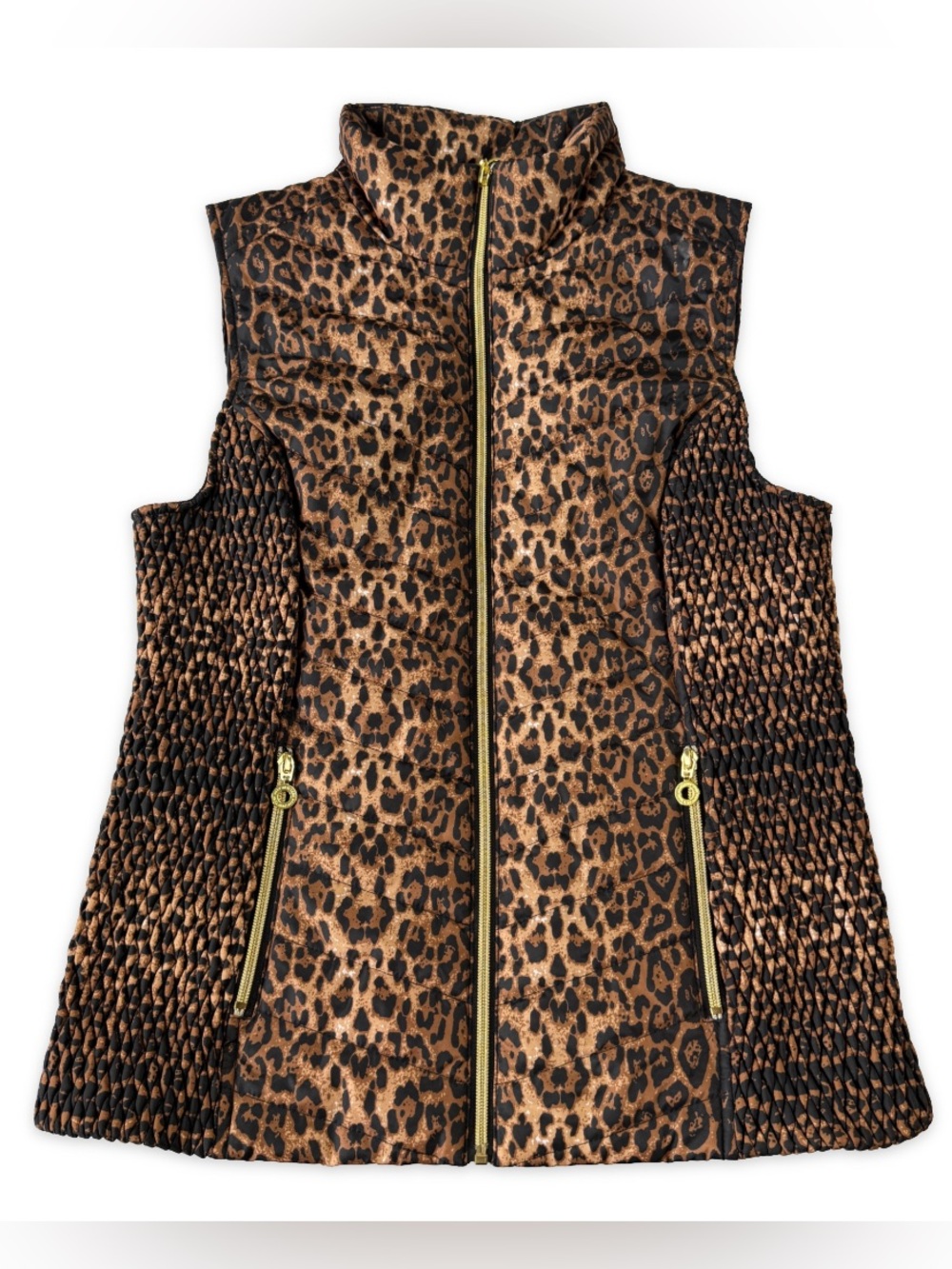 Marc New York Quilted Puffer Vest Womens M Medium Brown Black Cheetah Print